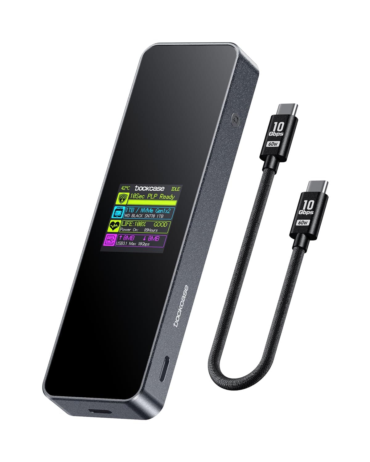 DOCKCASE Visual Smart M.2 NVMe SSD Enclosure,Support 10s PLP Prevents Write Data Loss,USB 3.2 Gen 2 Type-C (10 Gbps), fits NVMe PCIe Size 2230/2242/2260/2280,Support M-Key B+M Key UASP (PLP-10S)