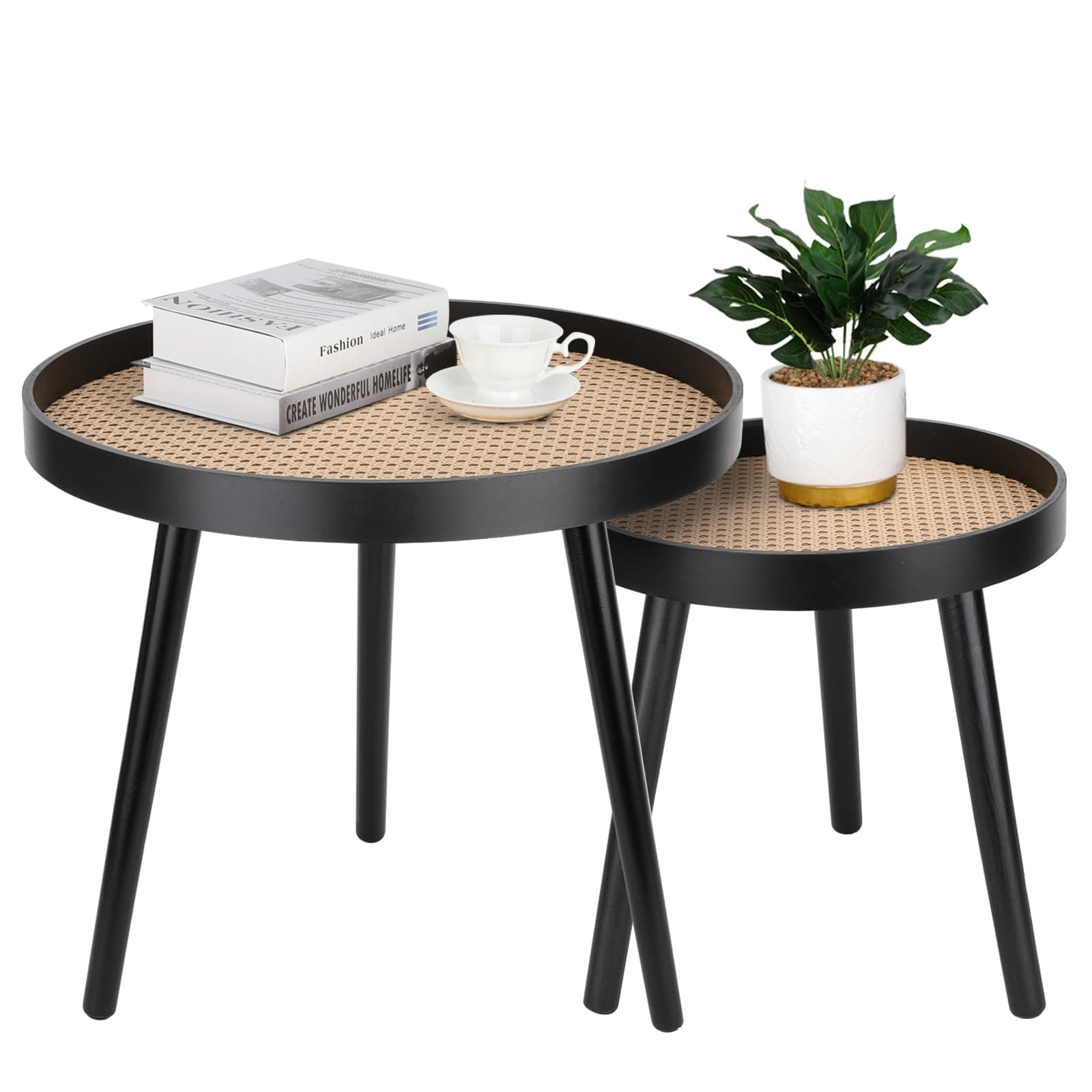 Rattan Round Side Table, Black Small End Table, Accent Table, Modern Boho Bedside Table, Mid-Century Patio Side Table, End Tables for Living Room Bedroom Office Balcony