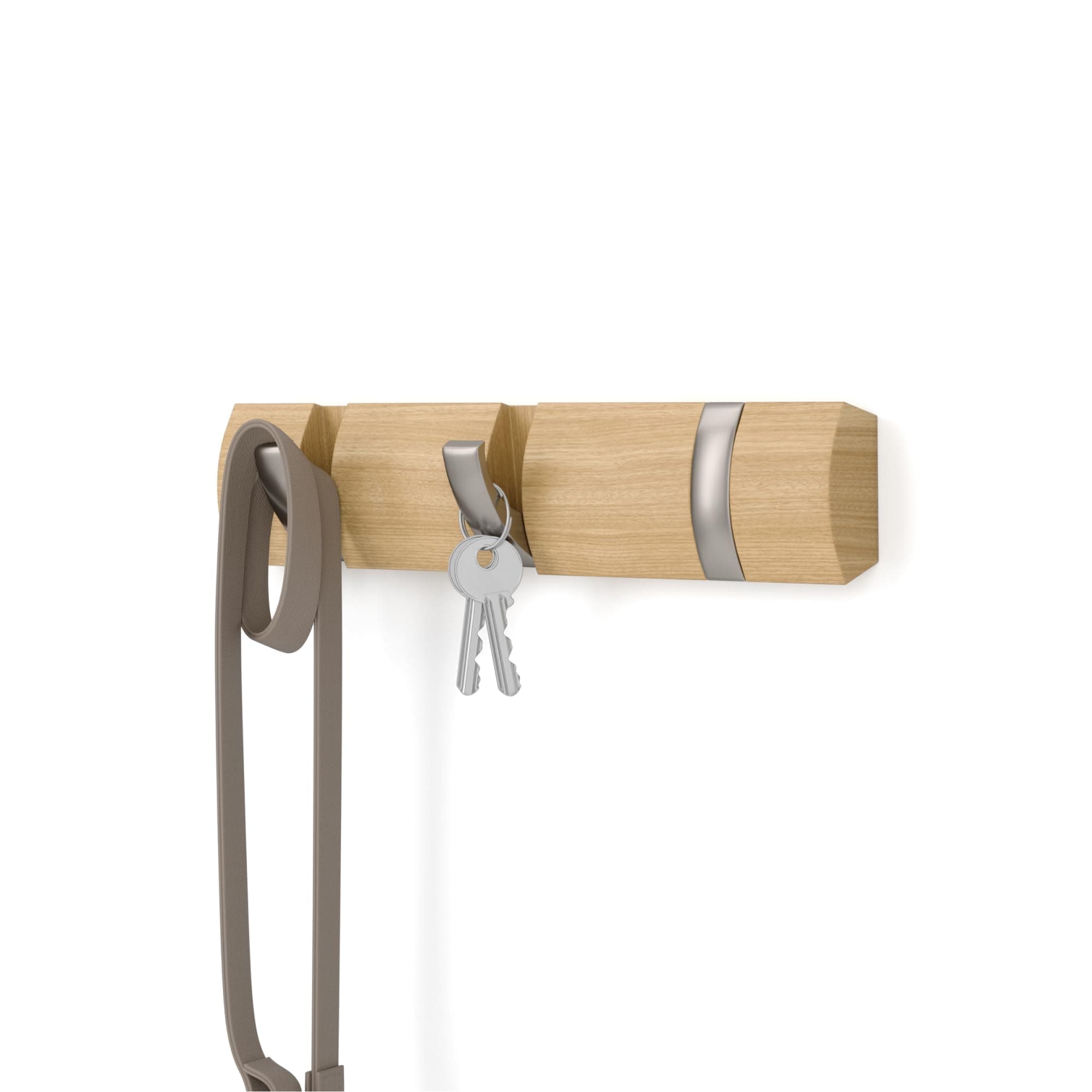 Umbra Flip Wall-Mounted Coat Rack with 3 Hooks – Modern, Space-Saving Storage for Hats, Jackets, Bags, Entryway, Mudroom, Closet, Bathroom, Bedroom – Natural/Nickel