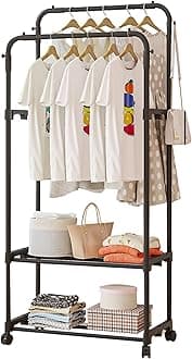 Beauenty Clothes Rack, Clothes Drying Stand, Coat Rack, Sturdy Rolling Clothing Rack with Wheels, Multifunctional Metal Garment Rack with 2-Tier Shelf, (Black Large)