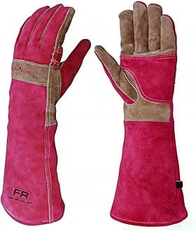 Cowhide BBQ Welding Gloves, Long Sleeve Fireproof and Heat Resistant Mitts for Barbecue, Firefighting, Fireplace, Oven, Baking, Stove (Rose Red, M)