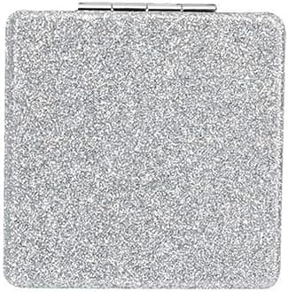 Square Silver Compact Mirror for Women,Small Magnifying Travel Mirror with Glitter,Portable 2 x 1x Magnification Folding Pocket Makeup Mirror Cosmetic Mirror for Gift Travel Essentials
