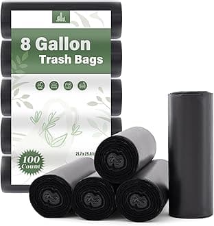 Jaoul Trash Bags 8 Gallon, Strong Tear & Leak Resistant Medium Garbage Bags, 0.97 Mil Extra Strong Trash Bags for 30 Liter Trash Can, Suitable for Kitchen, Bathroom, Restroom, Car, Black, 100 Counts