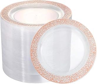 I00000 102 Pieces Rose Gold Plastic Lunch Plates, 10” Clear Disposable Dinner Plates with Rose Gold Lace Rim, Ideal for Big Parties or Wedding for Wedding & Party