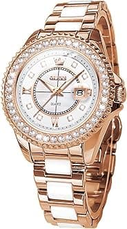 OLEVS Women's Rose Gold Automatic Watches Skeleton Mechanical Self Winding Ladies Elegant Luxury Dress Butterfly Diamond White Ceramic Band Watch Gift