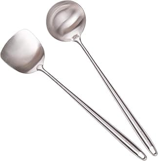 17� Wok Spatula and Ladle - 304 Stainless Steel Wok Tools Set, 2-Pieces Extra Long Handle Cooking Tools, All Metal Wok Utensils and Wok Accessories for Cast Iron/Carbon Steel Wok