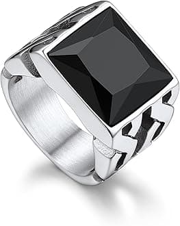 Gemstone Signet Rings for Men, Stainless Steel Fancy Cut Cubic Zirconia Rings Blue Topaz/Emerald/Black Onyx/Ruby Ring Statement Ring Wedding Ring Size 7-14