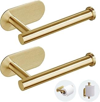 Toilet Paper Holder - Self Adhesive Toilet Paper Holder Wall Mount for Bathroom, SUS 304 Stainless Steel Command Strip Toilet Paper Roll Holder Stick On Wall, No Drilling - Brushed Gold（2 Pcs）