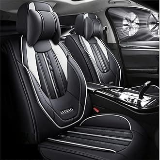 Luxury 5-Seat Car Seat Covers Fit for Sequoia Full Set Cushion Leather Front Rear Seat Protectors Non-Slip Waterproof Durable Vehicle Seat Covers with Headrest(Black White)