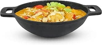 The Indus Valley Pre-Seasoned Cast Iron Kadai/Kadhai for Cooking and deep Frying | Gas Stove Friendly | Naturally Nonstick, 100% Pure & Toxin-Free (Kadai Flat Handle 10Inch)