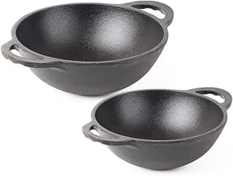 The Indus Valley Pre-Seasoned Cast Iron Cookware Set | Kadai (20.3cm/1.4L) + Kadai (25.2cm/2.2L) | Kitchen Cooking Combo Pots and Pans Set of 2Pcs | Naturally Nonstick Black