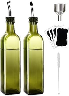2 Pcs Green Glass Olive Oil Dispenser and Vinegar Dispenser Set with 2 Stainless Steel Pourers, 4 Labels, 1 Brush, 1 Funnel (500ml) for Kitchen, Cooking, Salad Dressing, Barbecue, Mixing