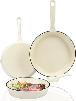 Hisencn Enameled Cast Iron Skillet Set - 3-Piece Fry Pans (8",9.5",11"), PFAS/PTFE/PFOA-Free, Oven & Induction Safe, Cream White Cookware for Gas, Electric, Ceramic Stovetops​