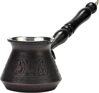 Thick Copper Turkish Greek Arabic Coffee Pot 250 ml, Traditional Hand Engraved Cezve Ibrik Briki with Wooden Handle & Spoon, Handmade in Turkey (Antique)