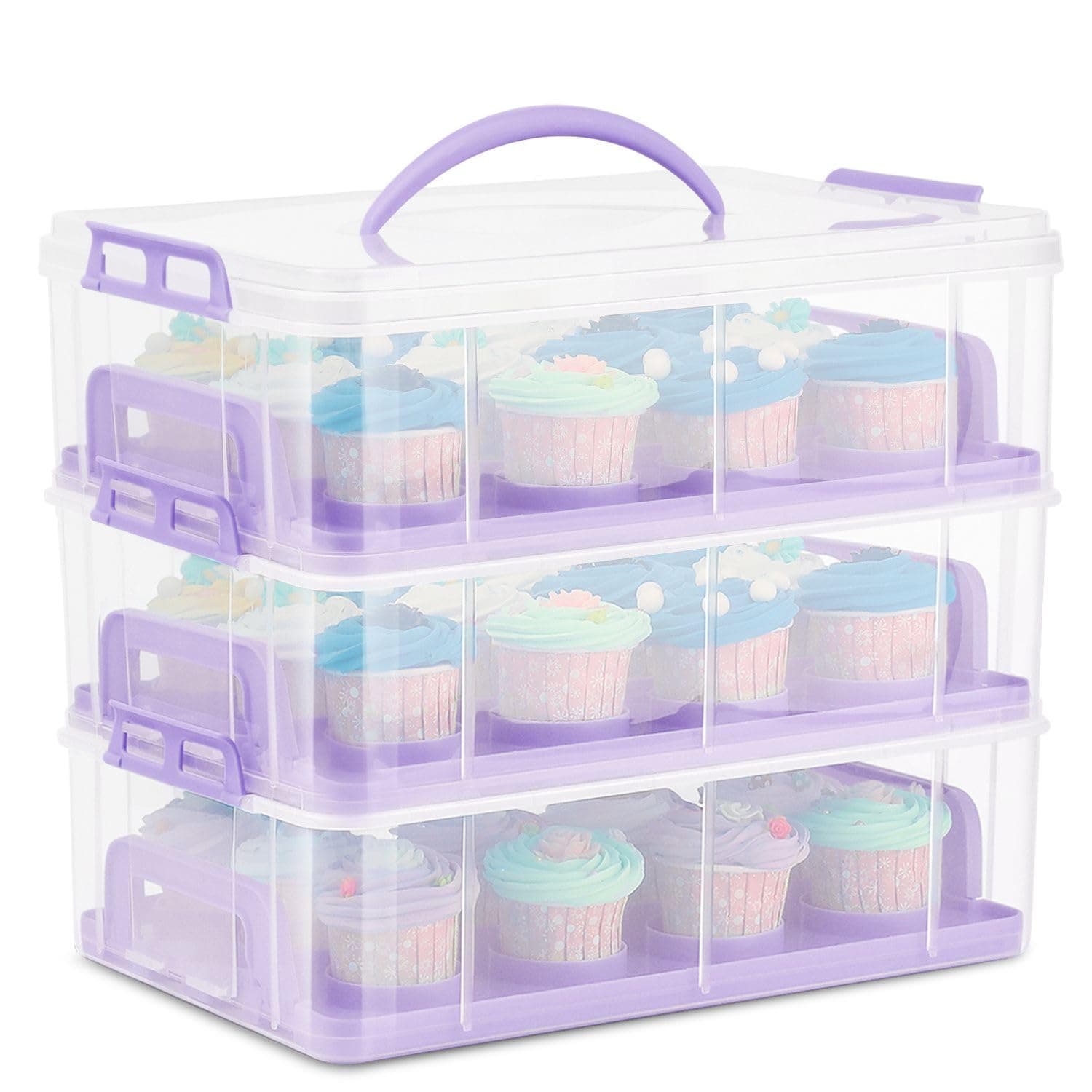 Flexzion 36 Cupcake Carrier 3 Tier Stackable Storage Container Collapsible Cake Carrier with Lid and Handle, Reusable Rectangular Plastic Dessert Travel Container, Display Holder Transport Box