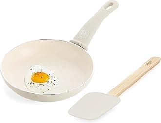 Soft Grip 8” Frypan Skillet and Spatula Breakfast Cookware Set, PFAS-Free Ceramic Nonstick, Silicon Spatula with Bamboo Handle, Egg Omelette Bacon, Dishwasher Safe, Stay-Cool Handles, Cream