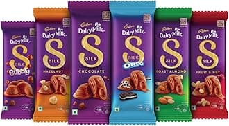 Dairy Milk Silk Small Chocolates Combo (1xSilk Plain 60G,1xSilk Oreo 60G,1xSilk Bubbly 50G,1 x Silk Roast Almond with Whole Nuts 58 G,1 x Silk Fruit and Nut 55 G and 1 x Silk Hazelnut 58 G)