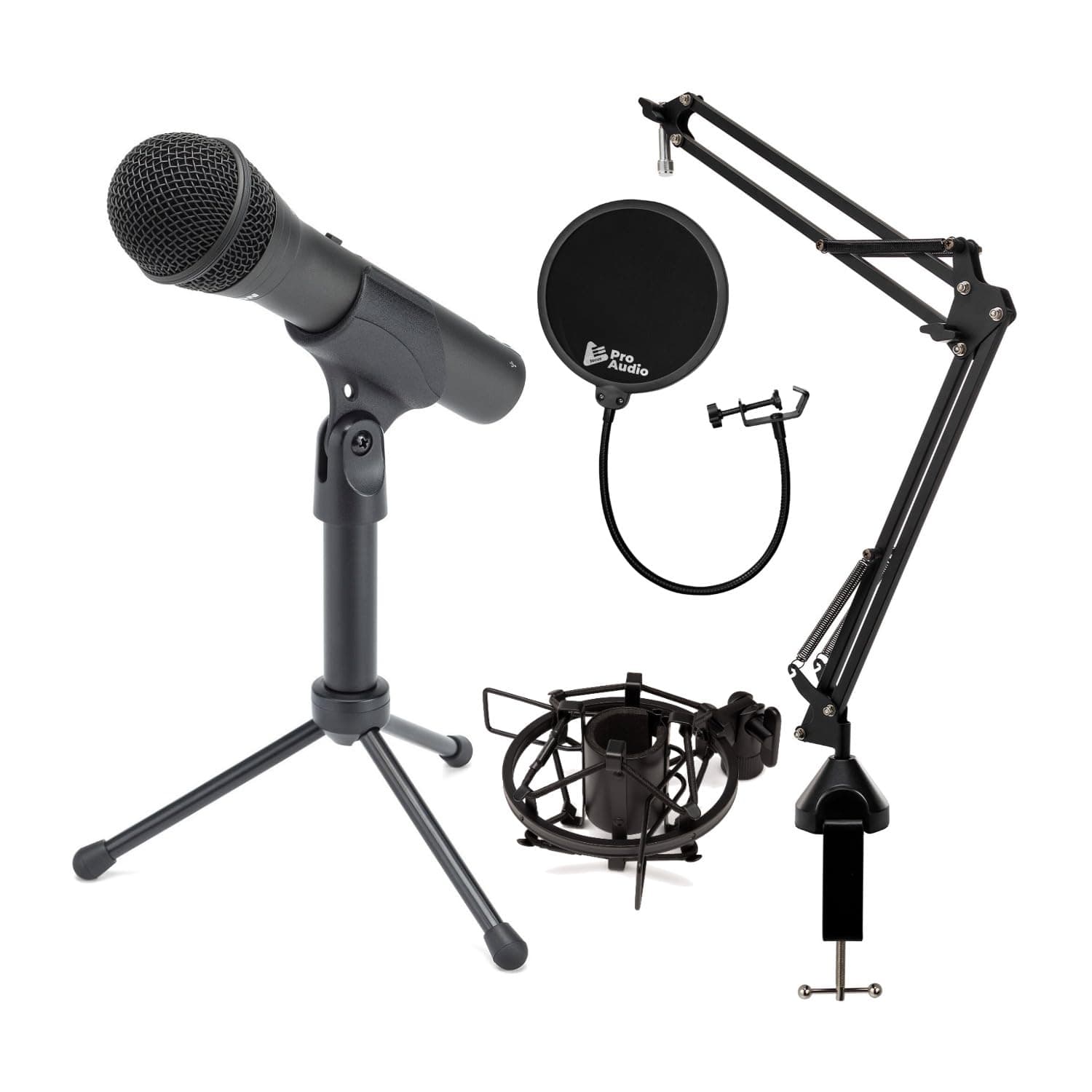Samson Q2U Handheld Dynamic XLR/USB Microphone Bundle with Desktop Boom Arm Stand, Shock Mount, and Pop Filter (4 Items)