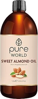 Pure World Natural Sweet Almond Oil 1 Litre, 100% Pure, Undiluted. Cold Pressed Premium Quality Almond oil – Skin, Nails, Body and Face, Edible Vegan.