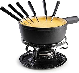 Artestia Cast Iron Fondue Pot Set for Cheese & Chocolate, Fondue Set for 6 with Burner & 6 Forks, Swiss Fondue Pot for Party, Family & Gift, Black