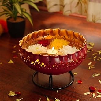 Ekhasa Maroon Urli Bowl with Stand for Home Decor & Table Decoration | Floating Flowers, Tealight Candles Water Bowl for Diwali Pooja and Other Festivals | Gift for Various Occasions