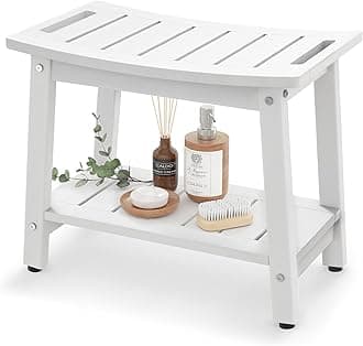 Shower Bench for Inside Shower - White HDPE Shower Stool Waterproof - Spa Bathroom Seat Chair with Handle, Storage Shelf, Adjustable Feet - Indoor/Outdoor, Weather Resistant