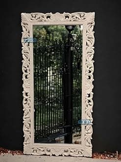 Wooden Mirror Frame for Wall Decoration | Wall Mount Frame for Bedroom & Living Room | Solid Mango Wood | Cream Finish | Rectangular 6 x 3 Feet | Mirror Not Included