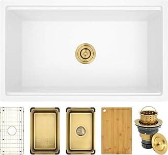 31 Inch Kitchen Sink, 31" x 18" x 9" Single Bowl Undermount White Kitchen Sink with Workstation, 31" x 18" Deep and Large Granite Composite Quartz Kitchens Sinks with Gold Accessories