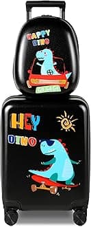 Weewooday Kids Luggage and Backpack 18" Suitcase with Spinner Wheel Hard Case Travel 13" Backpack Girl Suitcase Set for Kids Travel Supplies(Black,Dinosaur Style)