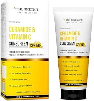 Dr. Sheth's Ceramide & Vitamin C Sunscreen SPF 50+ PA++++ |In-Vivo Tested | For Healthy & Bright Skin | Lightweight & Non Greasy | For UVA/UVB & Blue Light & IR Protection | No white cast | For All Skin Types | For Men & Women | 80 g