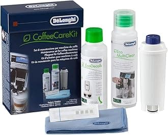De'Longhi Brand Original Coffee Care Kit, Maintenance Set with Water Filter, 200ml EcoDecalk, 250ml Eco MultiClean, Microfibre Cloth & Water Hardness Test for Automatic Coffee Machines, DLSC306