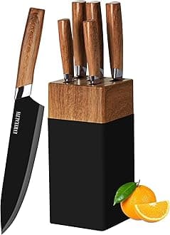 Kitchen Knife Set - 5 Piece Knife Set with Block, Wood Grain Handle, Stainless Steel Knivese with Chef, Bread, Slicer, Paring Knife for Cutting Meat/Vegetables/Fruit.