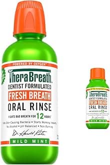 TheraBreath Fresh Breath Mouthwash, Mild Mint, Alcohol-Free, 16 fl oz + Travel Size, 3 fl oz