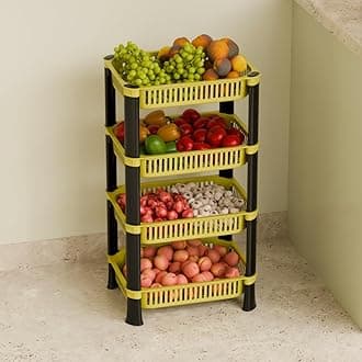 Vegetables and Sabaji Plastic Basket, Kitchen Stand Rack Basket for Office Use (Cream Color, 4 Layer)