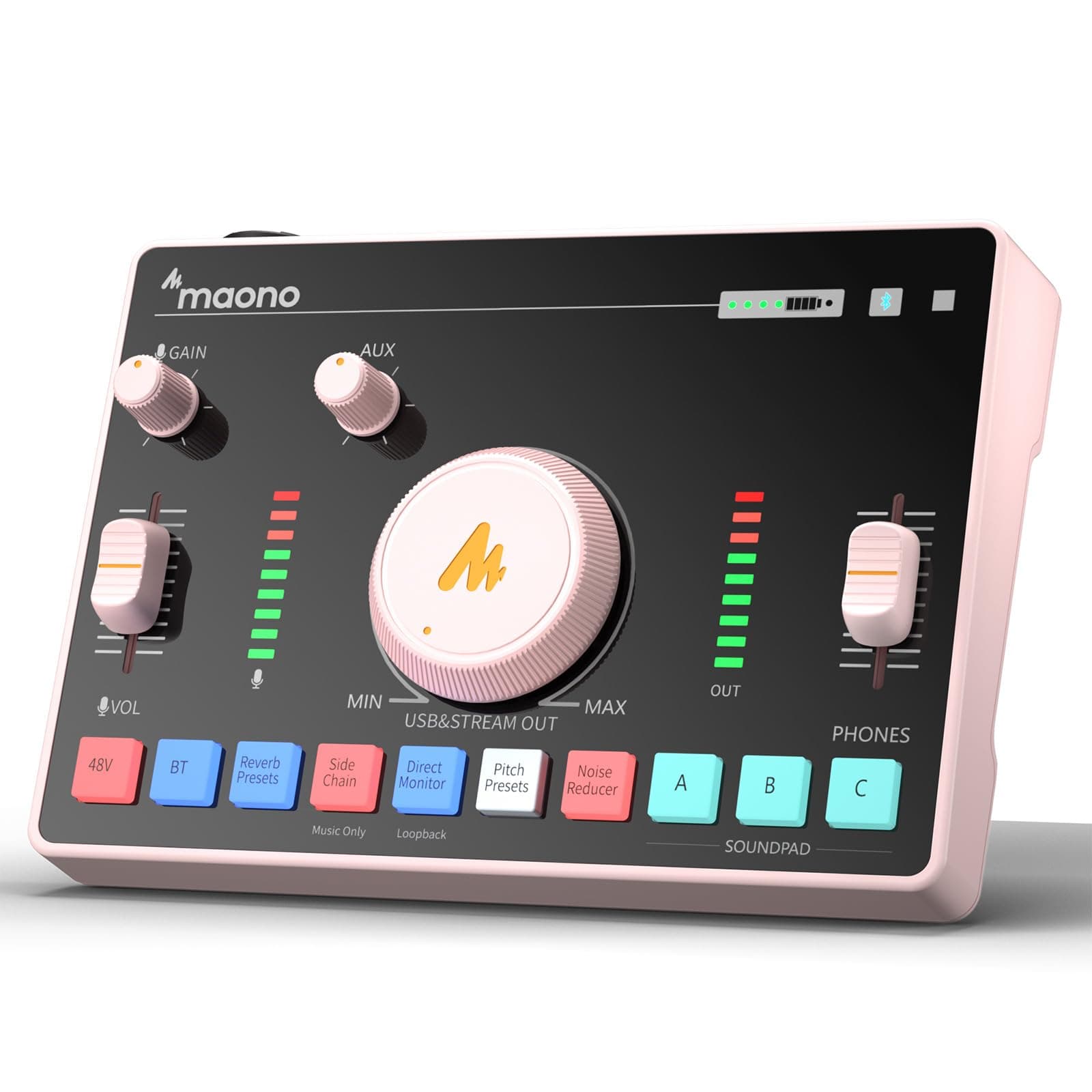 MAONO Streaming Audio Mixer, Audio Interface with Pro-preamp, Bluetooth, Built-in Battery, Noise Cancellation, 48V Phantom Power for Live Streaming, Podcasting, Gaming MaonoCaster AMC2 NEO Pink