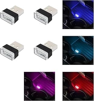 4 PCS USB LED Car Interior Atmosphere Lamp, Plug-in USB Decor Night Light, Portable Auto Ambient Lighting Kit, Universal Vehicle Interior Accessories for Most Cars (Blue+Ice Blue+Red+Purple)