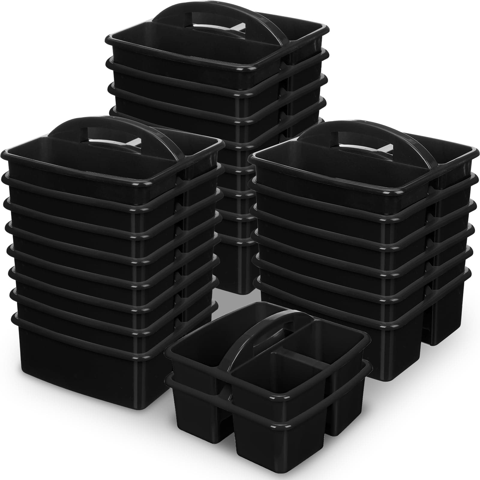 Geelin 24 Pcs Plastic Storage Caddy Bulk, 3 - Compartment Stackable Utility Caddy with Handles, Portable Classroom Storage Bins for Craft Supplies(Black)