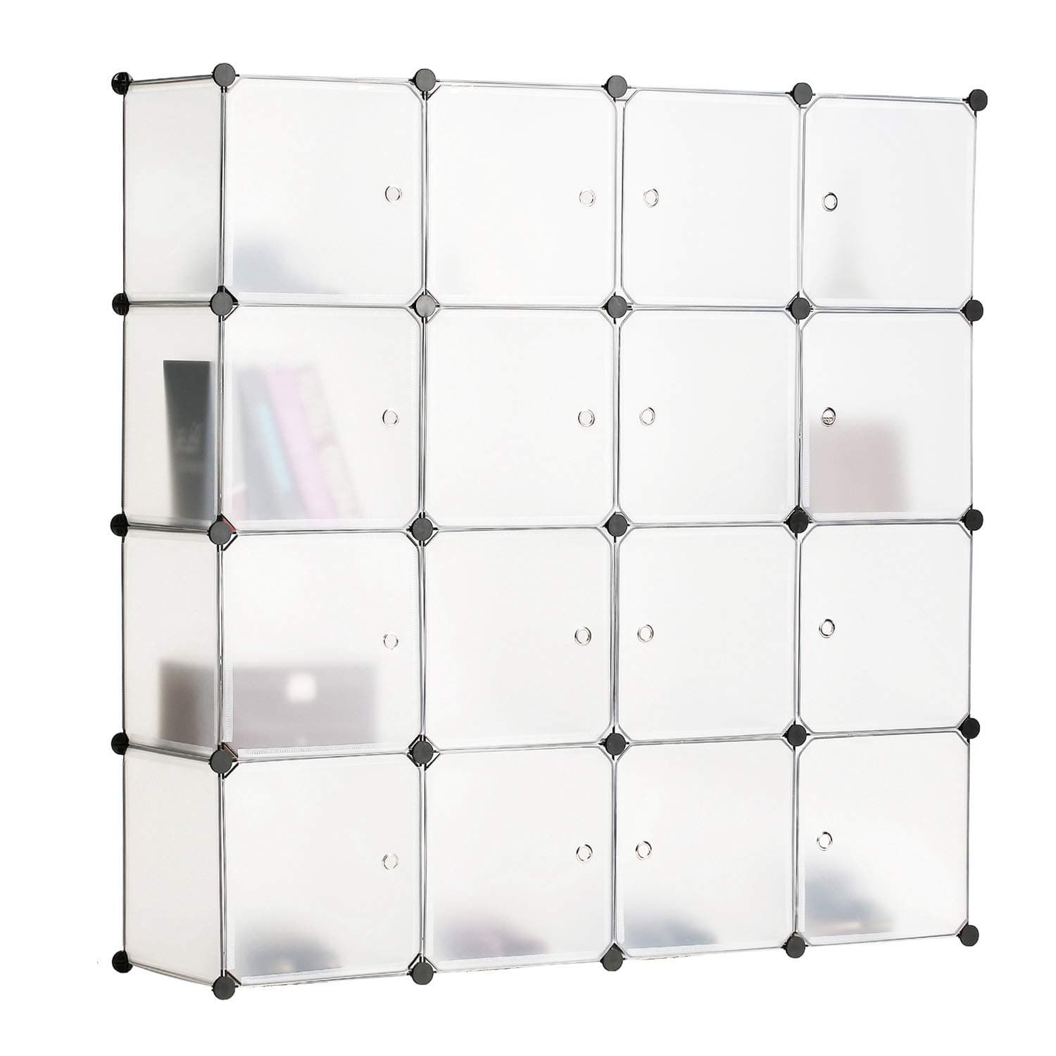BASTUO Cube Storage Organizer, 16-Cubes Plastic Modular Bookcase Shelf DIY Storage Cabinet Shoe Rack, Modular Cubes, 145cmx37cmx145cm, Wardrobe Closet for Livingroom, Bedroom, Office, White with Door