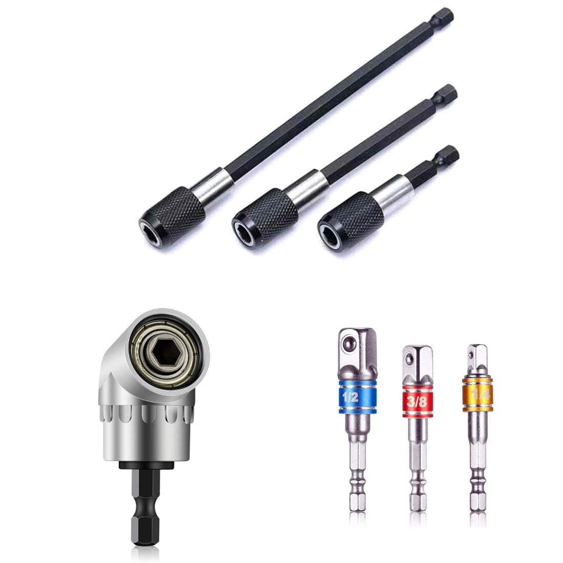 Power Drill Extension Bar Hex Shank Socket Adapter Drill Bit, 3Pcs Impact Socket Square Nut Driver Bit + 3Pcs Screwdriver Bit Holder + 1Pcs 1/4 Hex 105 Degree Right Angle Drill Attachment 7pcs
