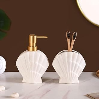 Nestasia Ceramic Bathroom Accessories Set of 2 - Liquid Soap Pump Dispenser & Toothbrush Holder for Bathroom & Wash Basin - White Beach Shell Bath Set