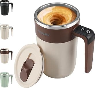 Mongdio Self Stirring Coffee Mug with Temperature Display, Rechargeable Stirring Mug, Automatic Self Stirring Cup with Lid, For Coffee, Milk and Other Beverages, Brown