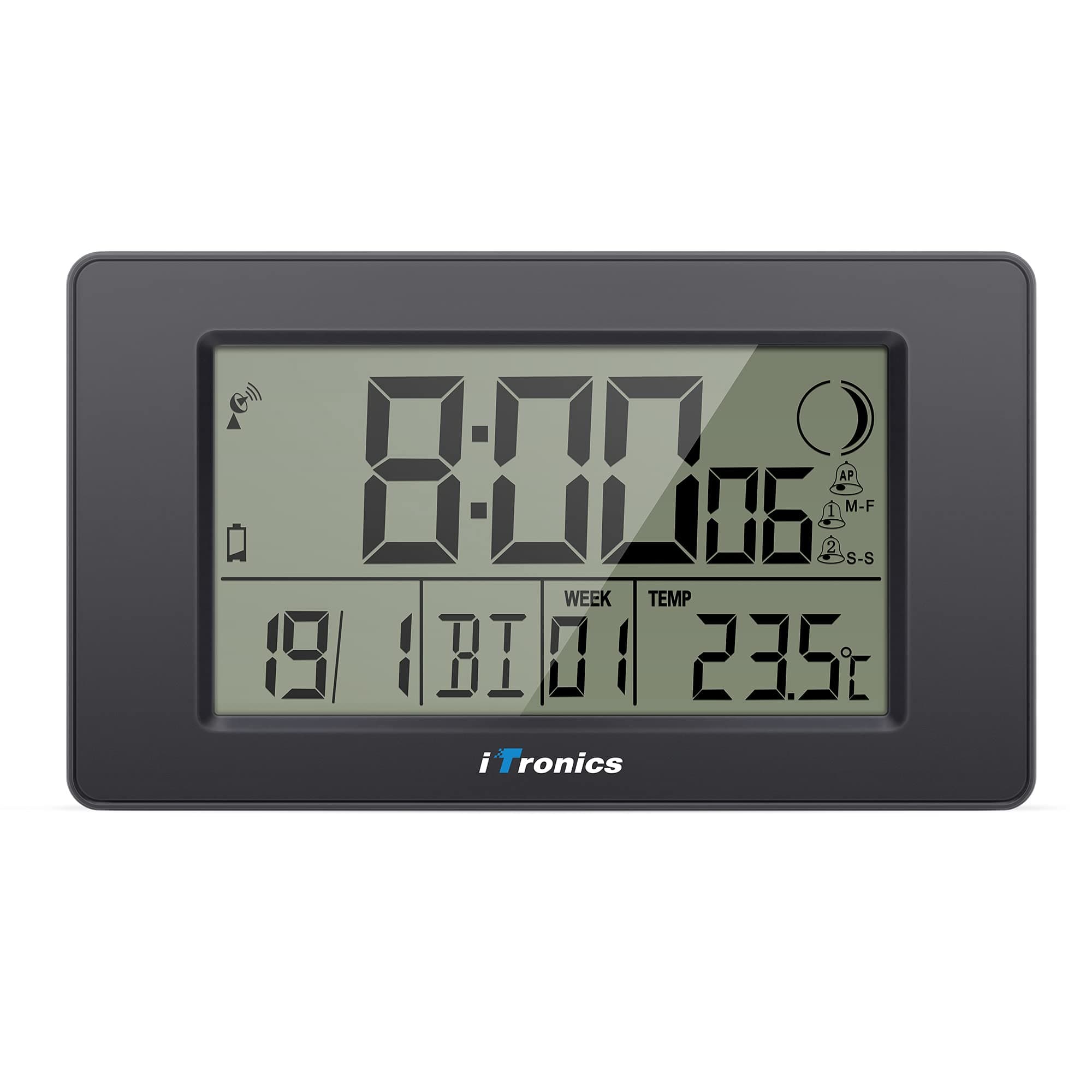 iTronics digital radio-controlled wall clock with temperature display and countdown timer, black