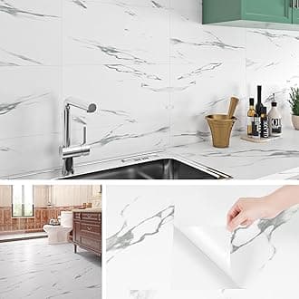Livelynine Tile Stickers for Kitchen Marble Grey Stick on Tiles for Bathroom White 60x30CM Waterproof Self Adhesive Wall Tiles Kitchen Splashback Peel and Stick Floor Tiles Marble Grey White, 4 Tiles