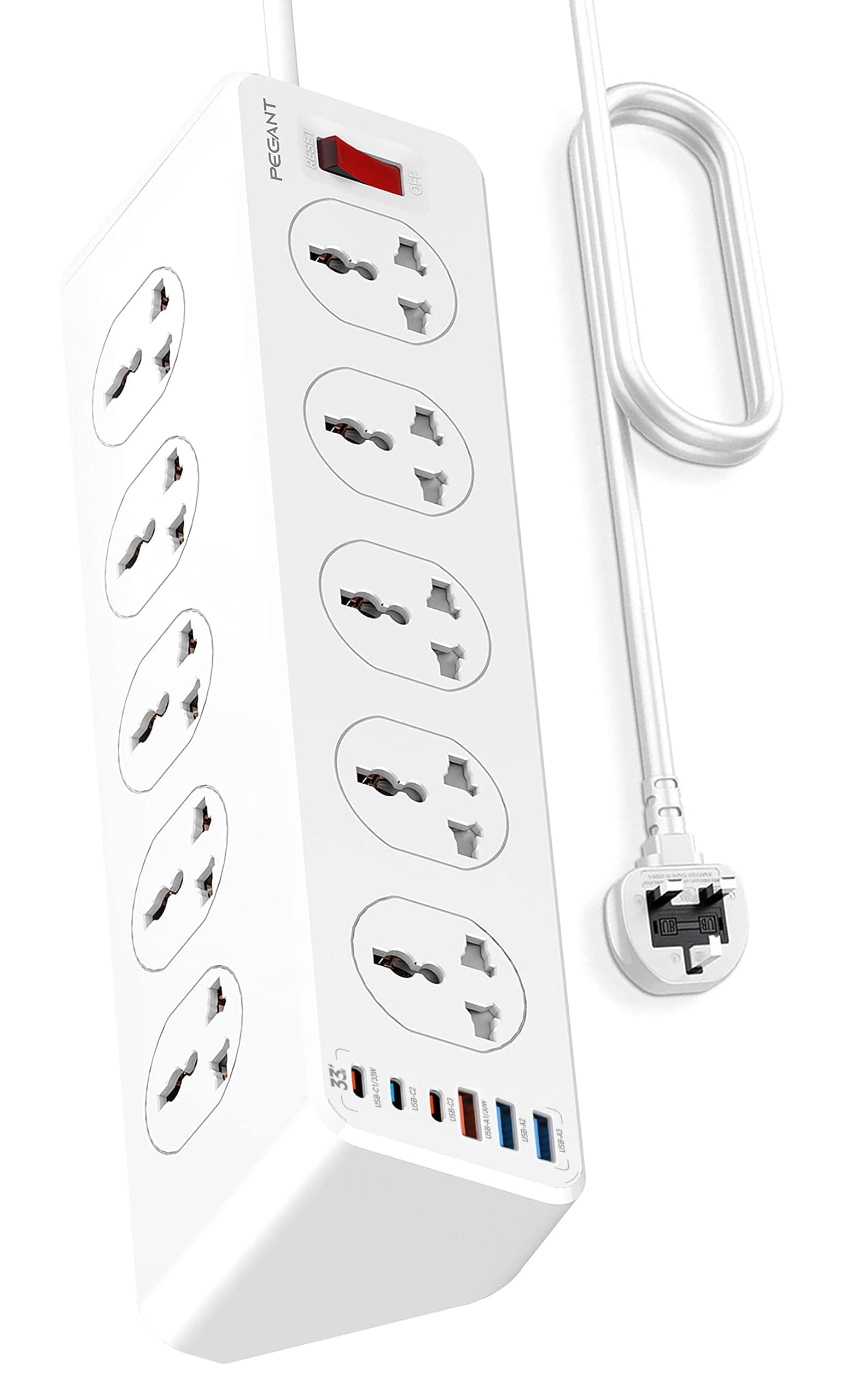 10 Way 2M 6 USB Power Extension Cord Surge Protector Strip Heavy Duty Universal Electrical Socket 3 USB-C, 3 USB-A PD 33W Max (2M)