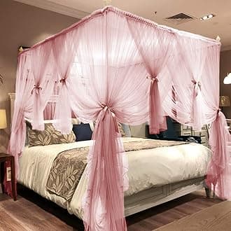 Joyreap4 Corners Post Pink Canopy Bed Curtain for Girls & Adults -Full/Queen Size Royal Luxurious Cozy Drape Netting- Cute Princess Bedroom Decoration Accessories