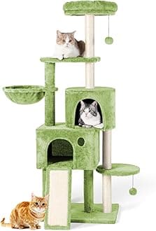 59" Large Cat Tree Tower for Indoor Cats Soft Plush Multi-Level Cat Condo House with Hammock, 2 Cat Cave, Scratching Post, Sisal Staircase, Green