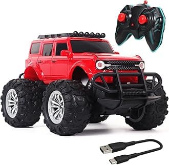 Offroad Rechargeable Remote Control Car Toy for Boys | Monster Truck RC Car with 4 Headlight Modes | Lithium Battery | C-Type Charging | Remote Car for Kids Adult | Made in India - Red .