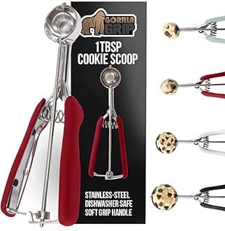 Gorilla Grip Premium Cookie, Fruit and Ice Cream Spring-Loaded Scoop, 1 TBSP Small Capacity, Comfortable Scooper Handle for Easy Squeeze, Durable Stainless Steel, Uniform Portions Every Time, Red
