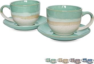 Ceramic Cappuccino Cup and Saucer Set of 2, 10 Oz, Coffee Cups for Latte, Espresso, Tea, Dishwasher and Microwave Safe (Mint Green)