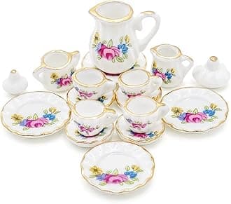 Odoria1/12 Miniature Porcelain Tea Set 15Pcs Dollhouse Decoration Accessories, Pink Blossom